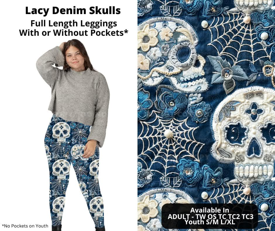 Lacy Denim Skulls Full Length Leggings w/ Pockets