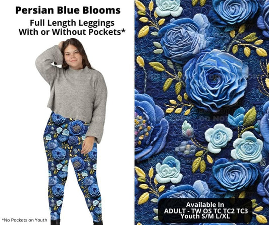 Persian Blue Blooms Full Length Leggings w/ Pockets