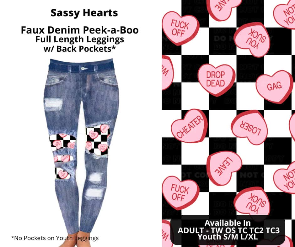 Sassy Hearts Faux Denim Full Length Peekaboo Leggings