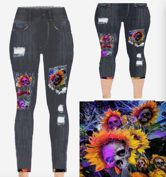 Skull Flowers Faux Denim