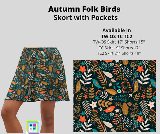 Autumn Folk Birds Skort