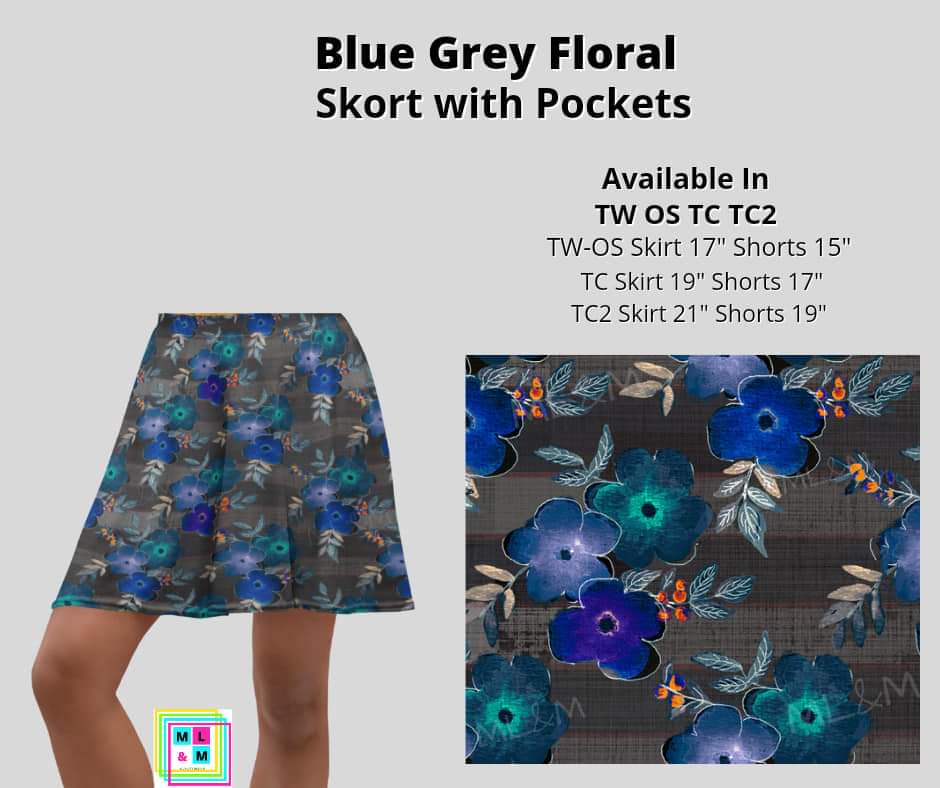 Blue Grey Floral Skort