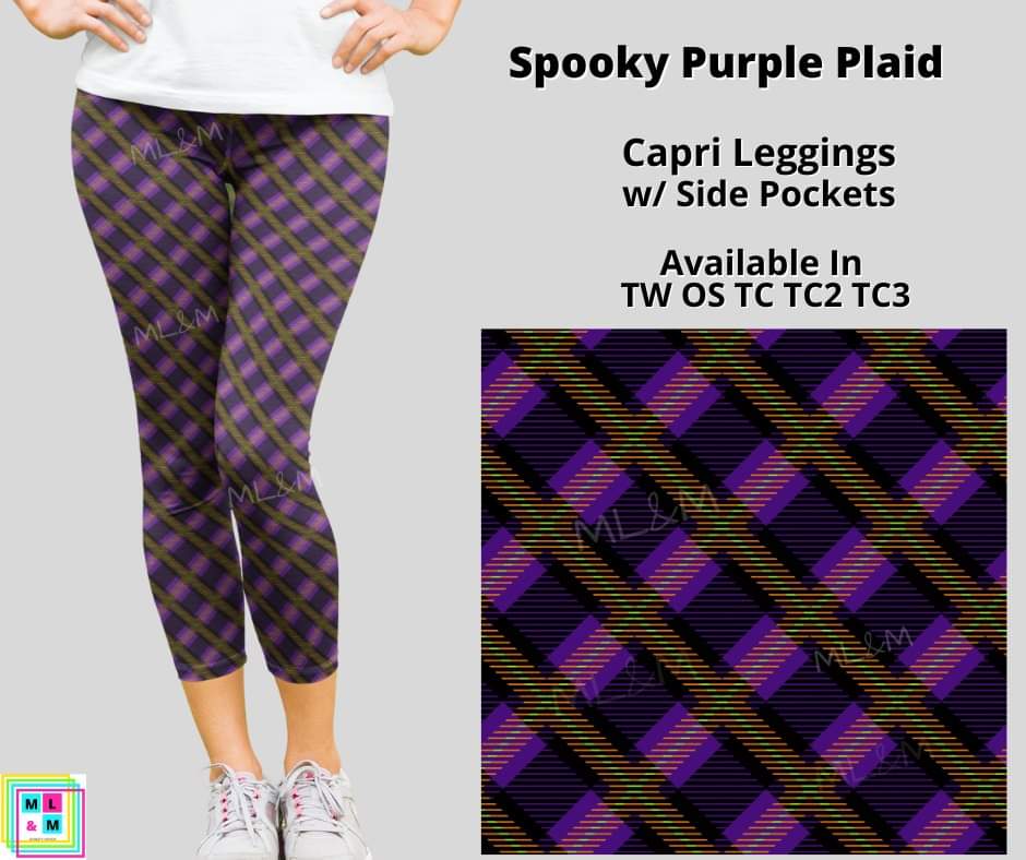 Spooky Purple Plaid Capri Leggings w/ Pockets