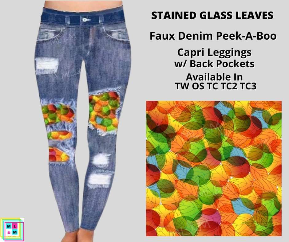 Stained Glass Leaves Faux Denim Full Length