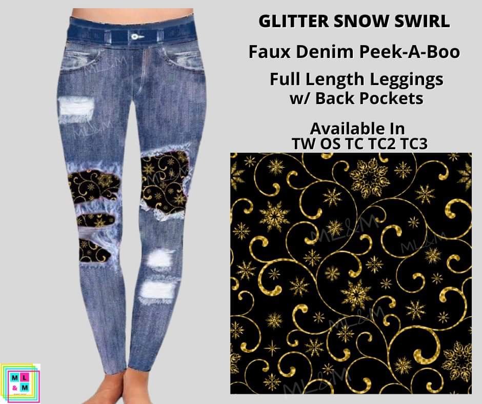 Glitter Snow Swirl Faux Denim Full Length