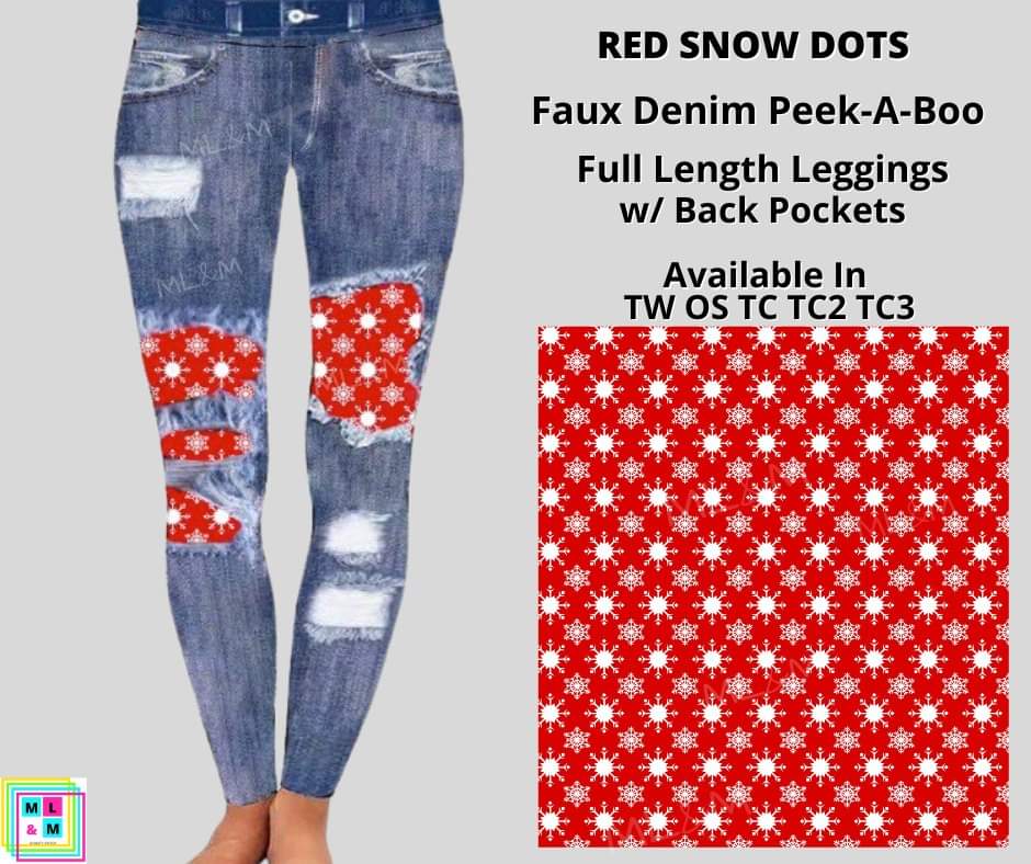 Red Snow Dots Faux Denim Full Length