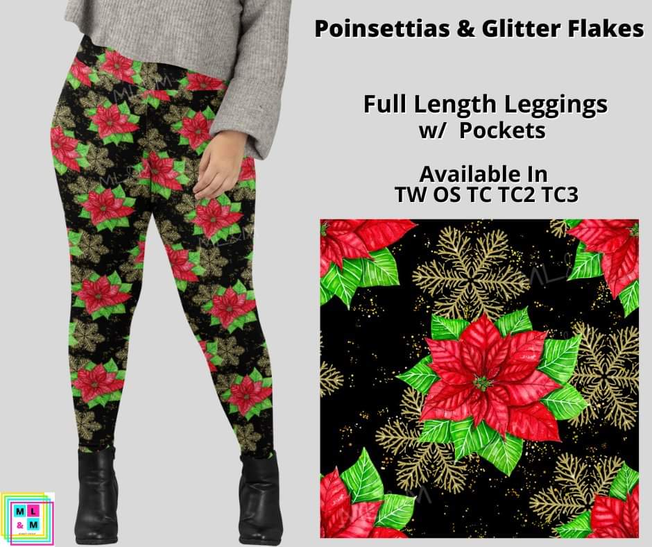 Poinsettias & Golden Flakes Full Length Leggings w/ Pockets