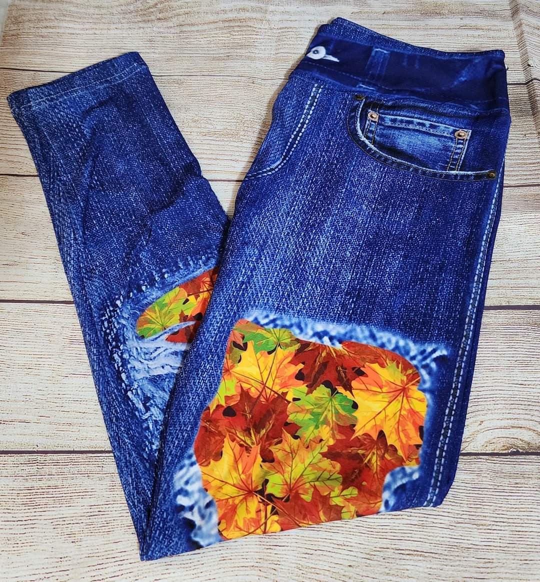 Leaf Pile Faux Denim Full Length
