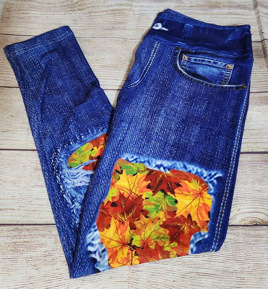 Leaf Pile Faux Denim Full Length