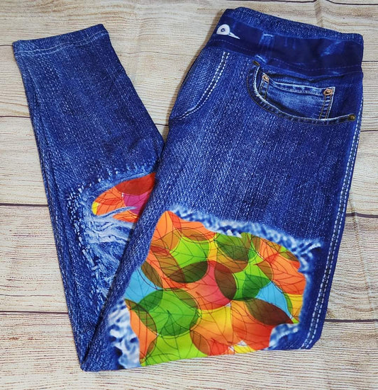Stained Glass Leaves Faux Denim Full Length