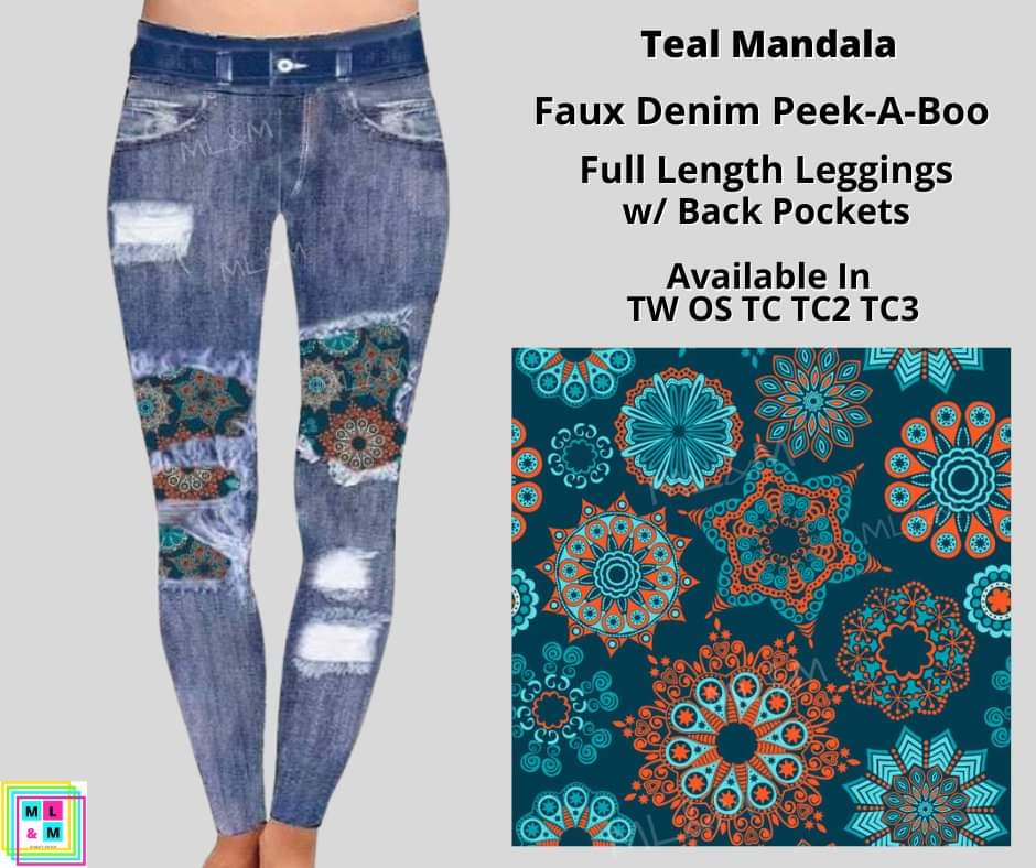 Teal Mandala Faux Denim Full Length