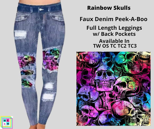 Rainbow Skulls Faux Denim Full Length