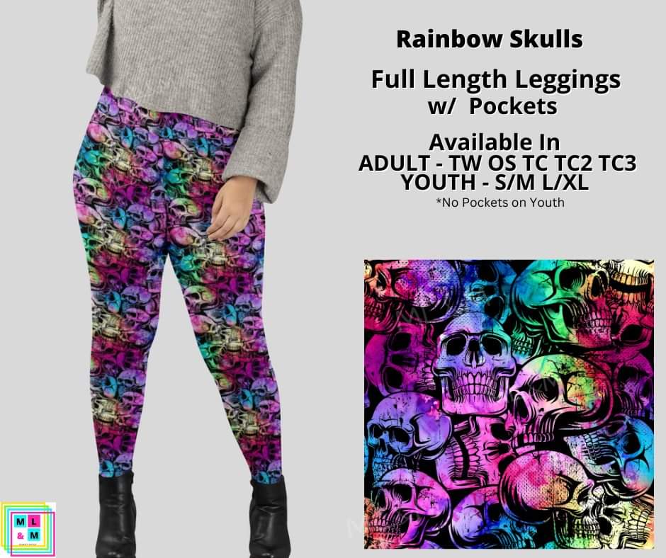 Rainbow Skulls Full Length Adult & Youth Leggings w/ Pockets