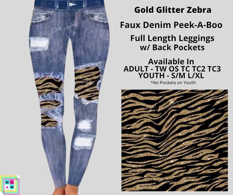 Gold Glitter Zebra Faux Denim Full Length