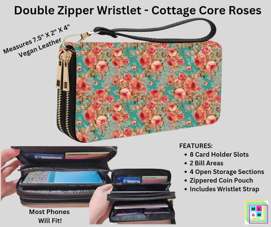 Cottage Core Roses Double Zipper Wristlet