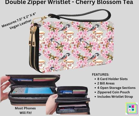 Cherry Blossom Tea Double Zipper Wristlet