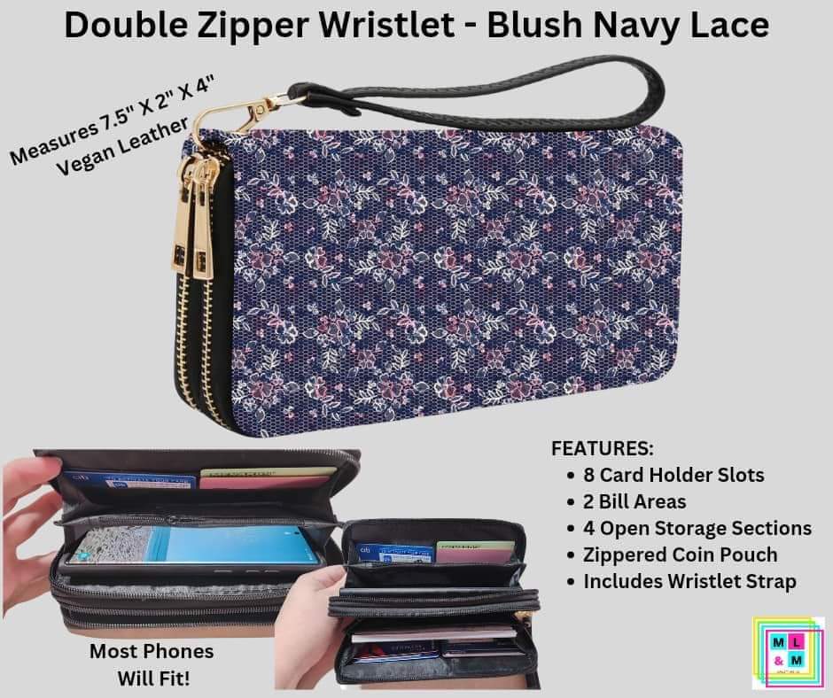 Blush Navy Lace Double Zipper Wristlet