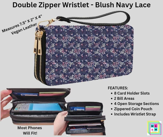 Blush Navy Lace Double Zipper Wristlet