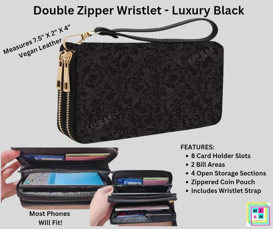 Luxury Black Double Zipper Wristlet