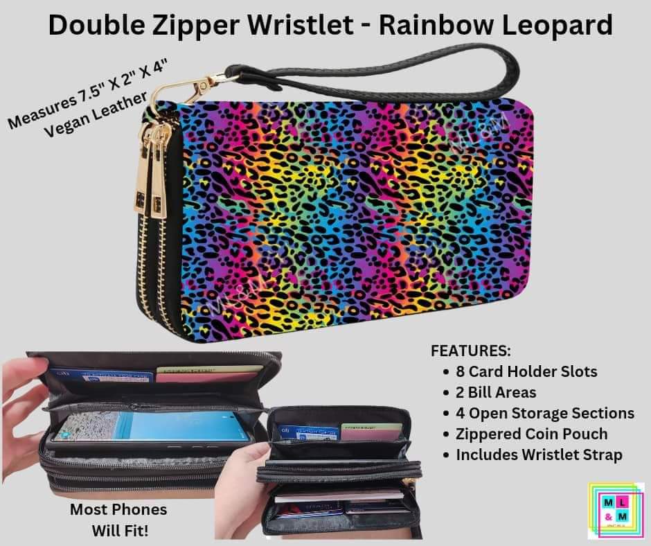 Rainbow Leopard Double Zipper Wristlet
