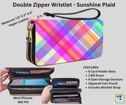 Sunshine Plaid Double Zipper Wristlet