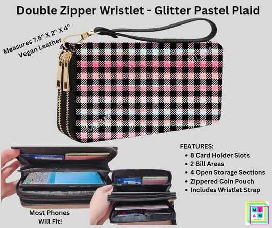 Glitter Pastel Plaid Double Zipper Wristlet