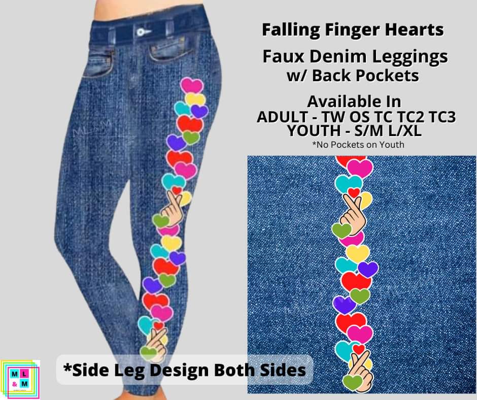Falling Finger Hearts Faux Denim Full Length