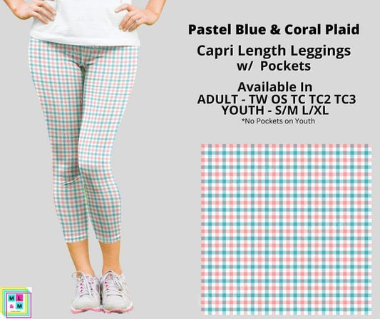 Pastel Blue & Coral Plaid Capri Length w/ Pockets