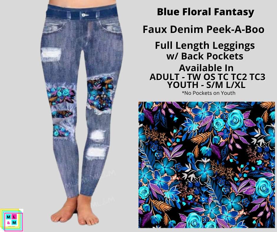 Blue Floral Fantasy Faux Denim Full Length