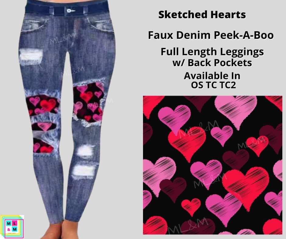 Sketched Hearts Faux Denim Full Length