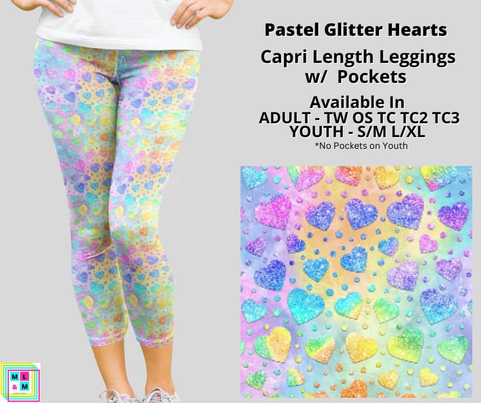 Pastel Glitter Hearts Capri Length w/ Pockets