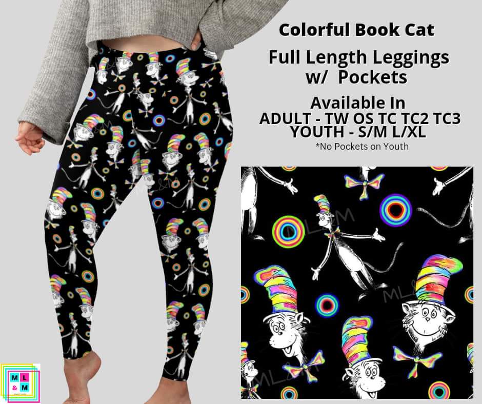 Colorful Book Cat Full Length Leggings w/ Pockets