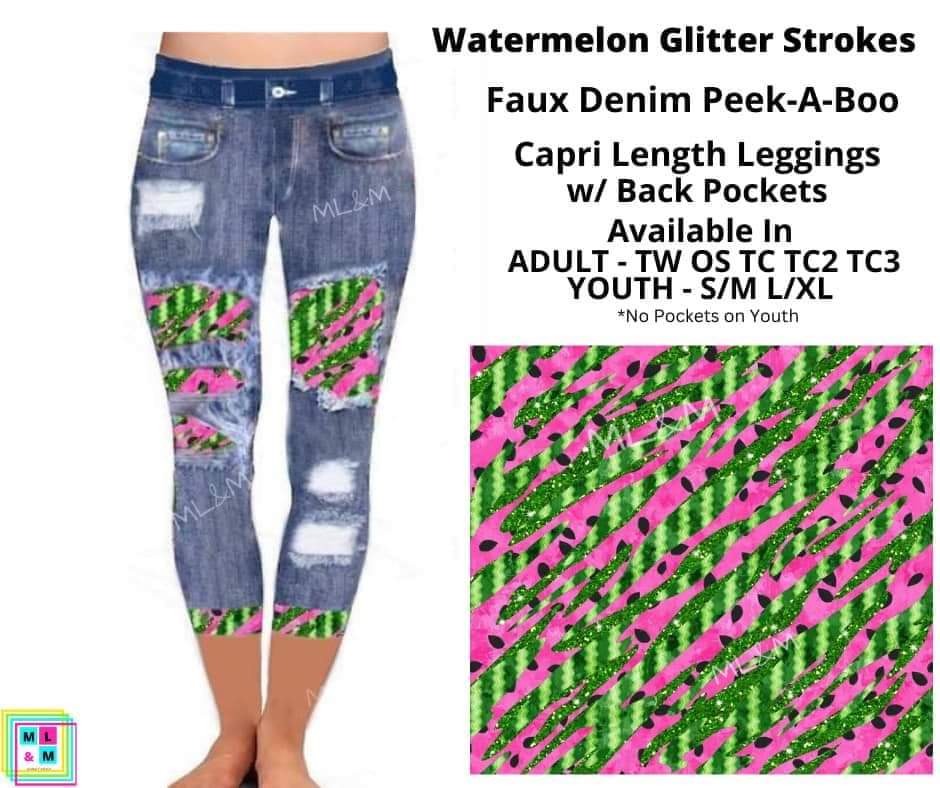 Watermelon Glitter Strokes Faux Denim Capris