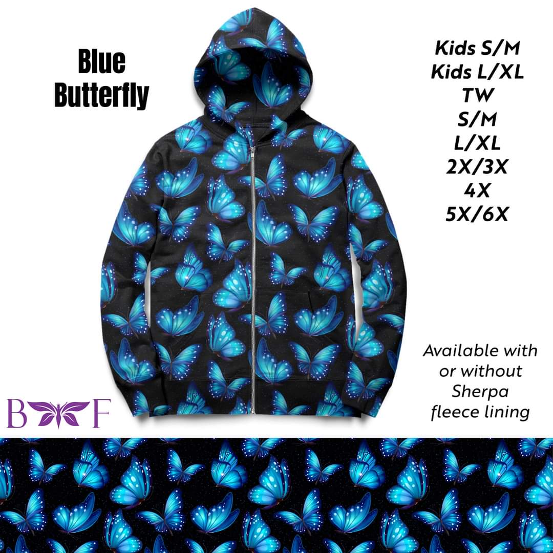 Blue Electric Butterfly zip up hoodie without sherpa fleece lining