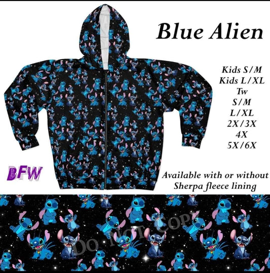 Blue alien zip up hoodie without sherpa fleece lining