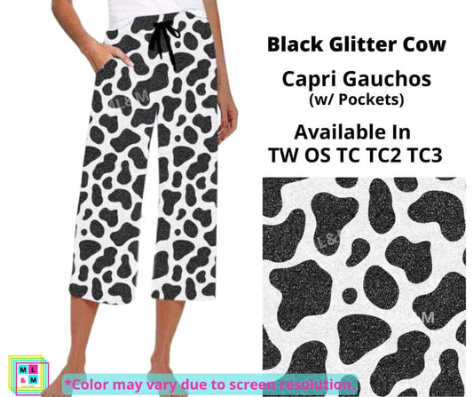 Black Glitter Cow Capri Gauchos