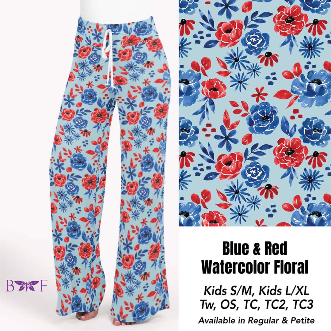 Blue & Red Watercolor Floral Capris with pockets