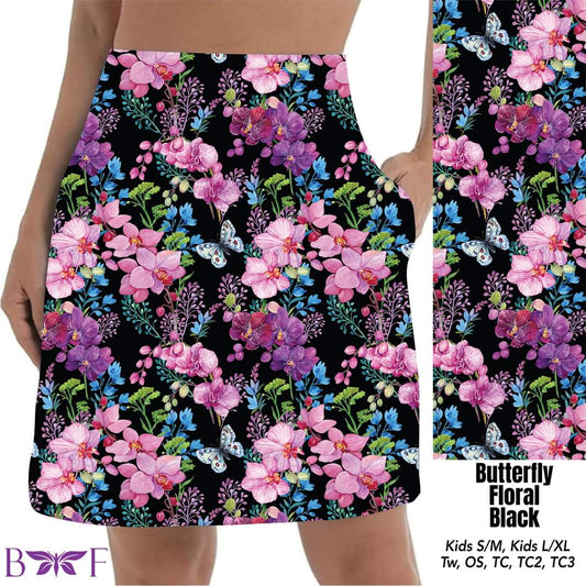 Butterfly Floral Black skorts and bike shorts with pockets