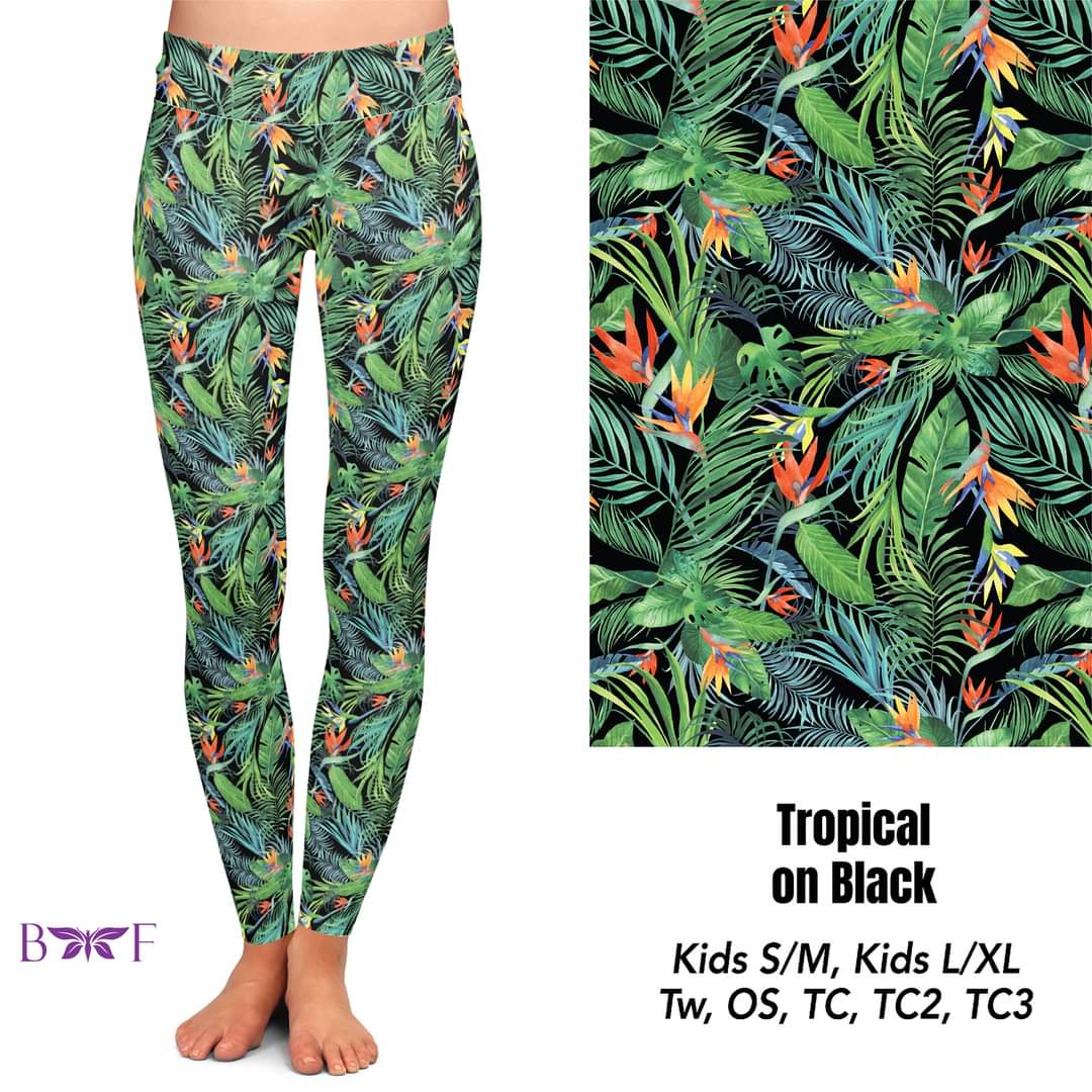 Tropical On Black Leggings, Capris, and Bike Shorts with pockets