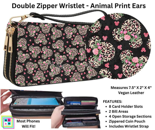 Animal Print Ears Double Zipper Wristlet