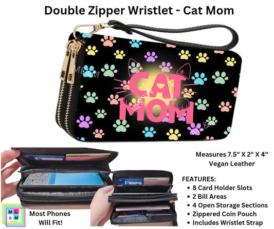 Cat Mom Double Zipper Wristlet