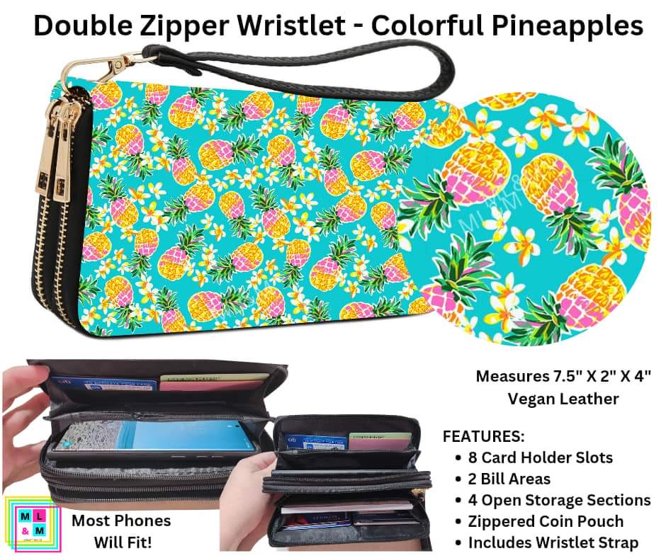 Colorful Pineapple Double Zipper Wristlet