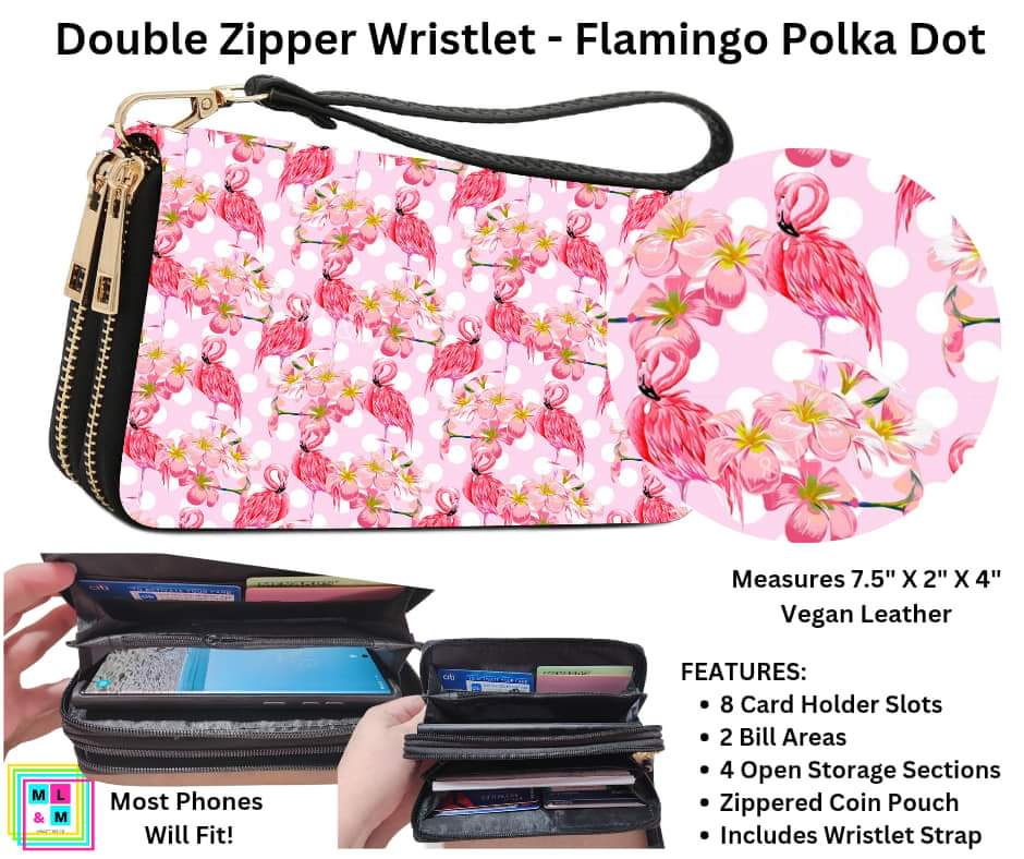 Flamingo Polka Dot Double Zipper Wristlet