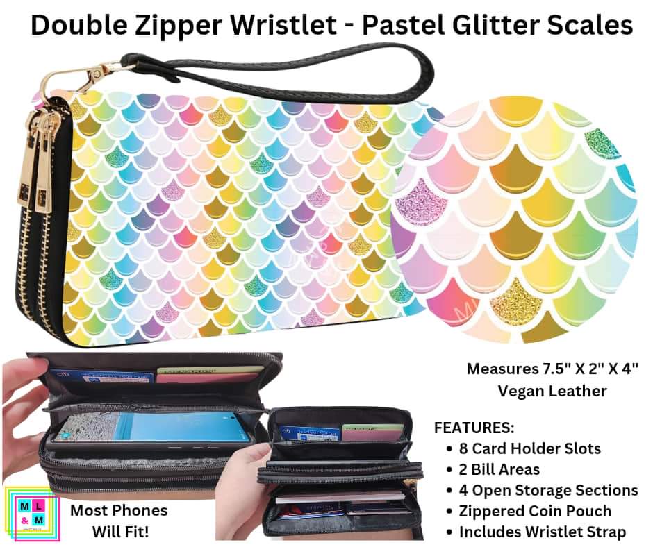 Pastel Glitter Scales Double Zipper Wristlet