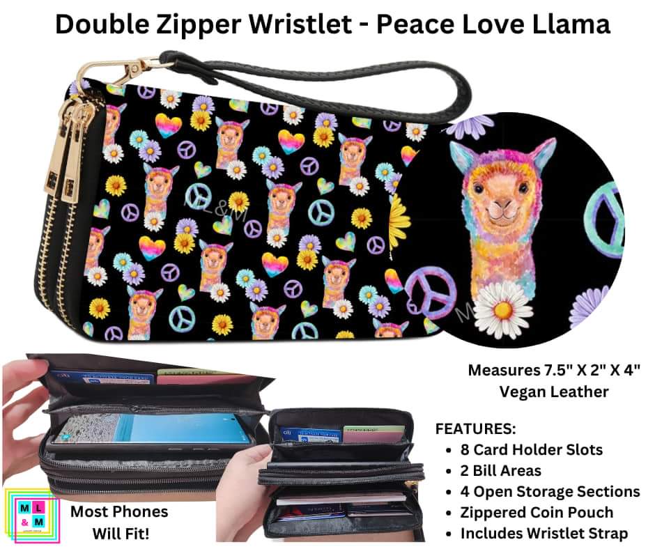 Peace Love Llama Double Zipper Wristlet