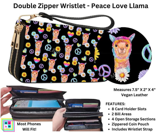 Peace Love Llama Double Zipper Wristlet