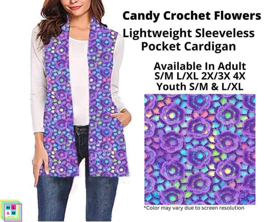 Candy Crochet Flowers Sleeveless Pocket Cardigan