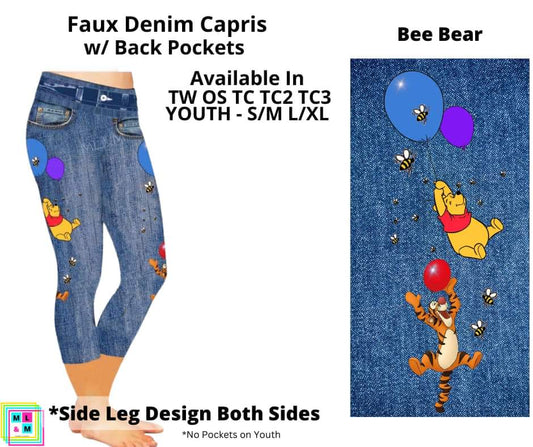 Bee Bear Faux Denim w/ Side Leg Designs Capris