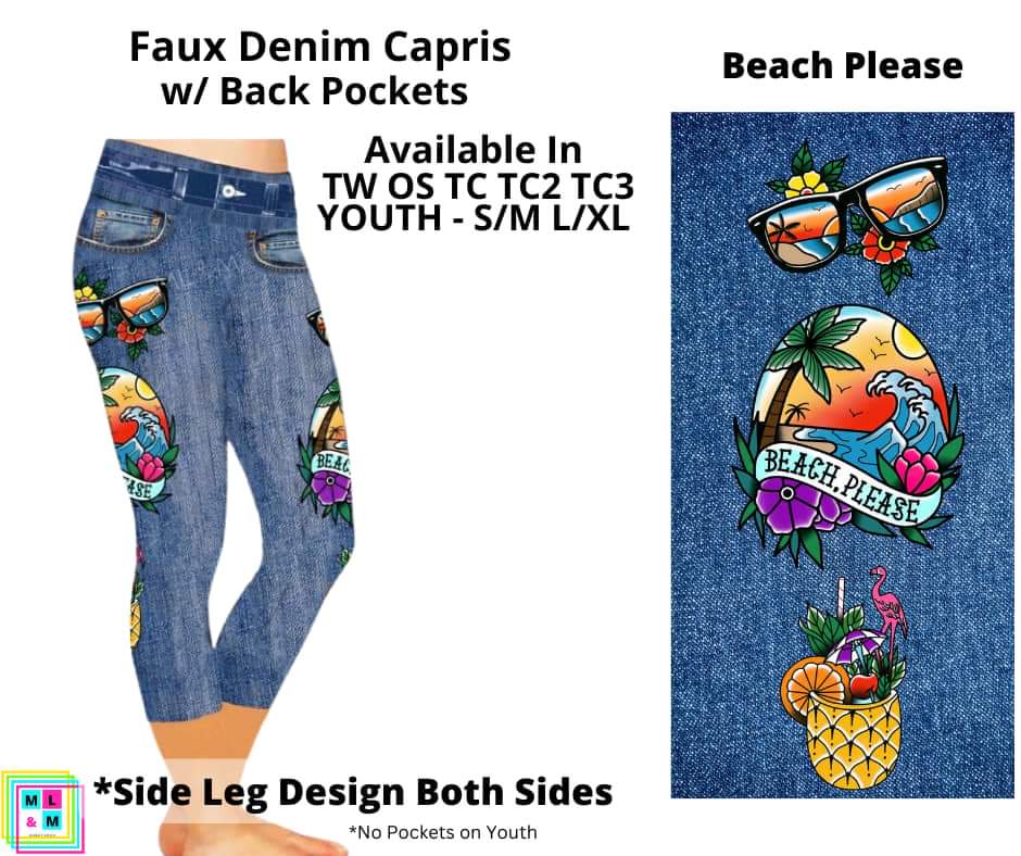 Beach Please Faux Denim w/ Side Leg Designs Capris