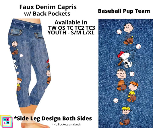 Baseball Pup Team Faux Denim w/ Side Leg Designs Capris